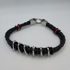 Inox Mens Bracelet Stainless Steel Braided Leather Rubber Signed 9"